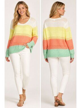 Colorful Striped Knit Sweater Long Sleeve Lightweight Womens Multi-Medium